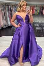 Purple A-Line Prom Dress with Slit,Plus Size Satin Formal Dresses - £127.38 GBP+