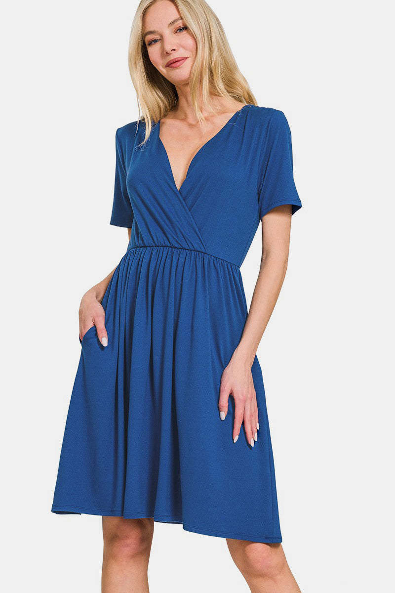 Zenana Surplice Short Sleeve Brushed DTY Dress - $22.55