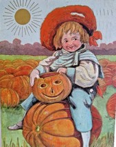 Halloween Postcard Victorian Child In Pumpkin Patch JOL 1908 Taylor Art Embossed - £75.13 GBP