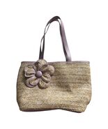 Bueno Straw Tote Bag Purple Faux Leather Flower Accent Mid 2000s Summer Beach Pu - $22.50