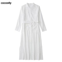 New 2023 Spring Summer Women White   Shirt Midi Dress Chic Embroidery Long Sleev - £101.56 GBP