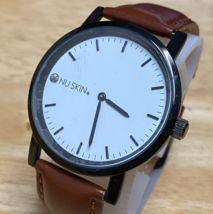 Unused NU Skin Men Black Case White Dial Leather Analog Quartz Watch~New Battery - £22.76 GBP