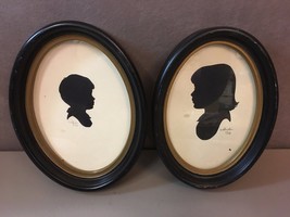 2 Antique Silhouette Paintings Boy 1900 &amp; Girl 1903 Oval Frames Gilt Rim - £174.65 GBP