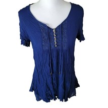 Simply Noelle Blue Crinkle Blouse Lace Front Bottom Womens Small Medium 8 10 - £6.87 GBP