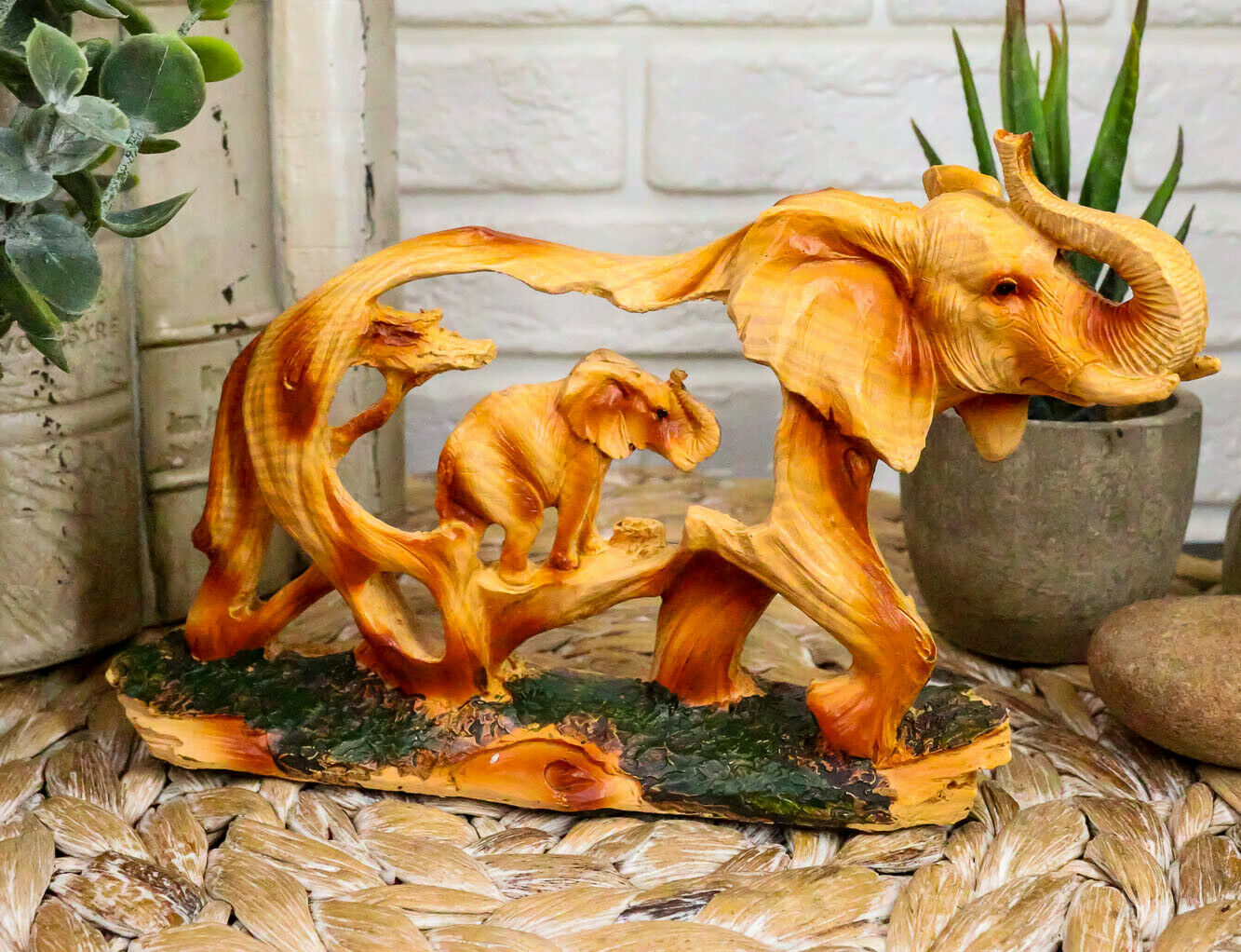 Faux Wood Elephant Family Migration Elephant Walking With Baby Calf Statue 7"L