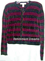 JONES NEW YORK Cardigan M Sweater Purple Black Stripes Medium - £11.01 GBP
