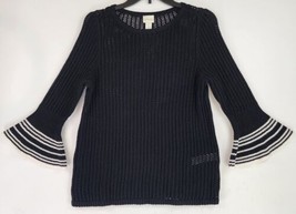 Chicos Sweater Womens 0 Black White Striped Grannycore Open Knit Flared Cuff Top - £37.97 GBP