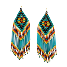 Multi-Color Beaded Aztec Pattern Tassel Drop Earrings Handmade - £12.57 GBP