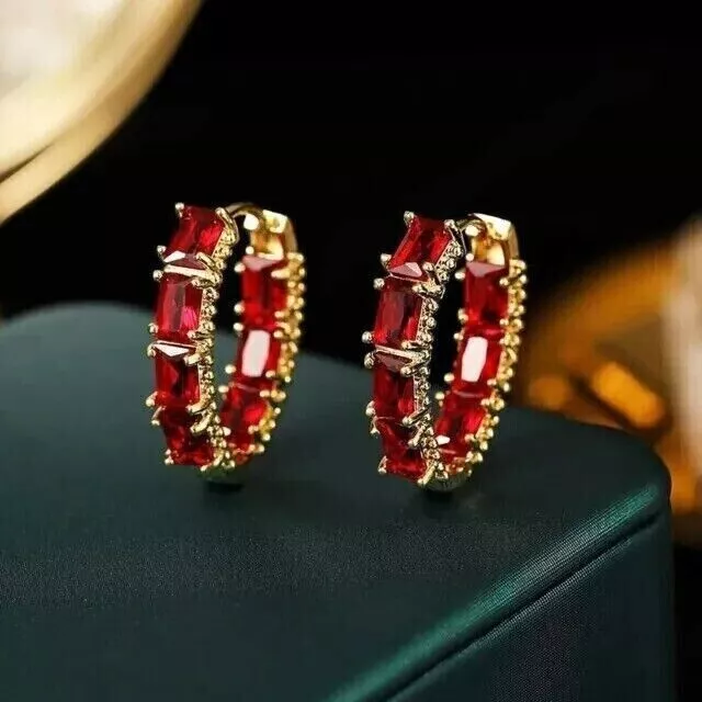2 Ct Emerald Lab Created Red Garnet Hoop Earrings 14K Yellow Gold Plated - $89.77