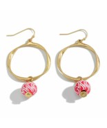 Twisted Gold Hoop Dangle Drop Earring with Red Aztec Wood Bead - £10.89 GBP