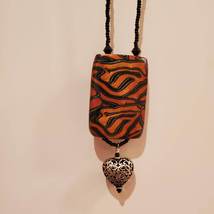Vintage Necklace with Filagree Silver-tone Heart, Animal Print Block Pendant