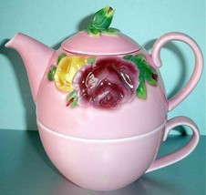 Royal Albert Country Rose TEA FOR ONE Majolica Pink Teapot &amp; Cup Set - £35.85 GBP