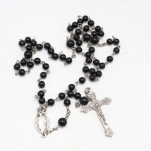 Black Beaded Chain Rosary Necklace Cross Pendant - £27.95 GBP