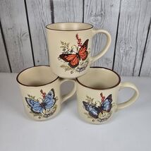 Vintage Stoneware Mugs Set Of 3 Blue Orange Butterfly Motif Brown Rim 12 oz - $14.85