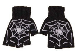 Gothic Stretch Knit SPIDER-WEB Fingerless Gloves Black Silver Novelty Accessory - £3.78 GBP