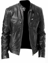 Mens Real Leather Jacket Cafe Racer Black Red Genuine Slim Fit Moto Biker New - £126.93 GBP