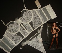 Victoria&#39;s Secret Designer Collection 32D,34C BRA SET+garter+CORSET WHITE silver - £317.51 GBP