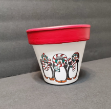 Hand-painted Terra Cotta Planter, 4", Red Christmas Plant Pot Holiday Penguins