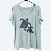 St. Johns Bay Women Sea Turtle Tee Shirt Teal XL Extra Large V-neck Shor... - $12.99