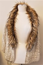 Neiman Marcus Cable-Knit Fur-Trim Sweater/Cardigan Sz- L Beige - £47.15 GBP