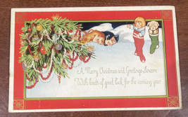 Vintage 1930s Postcard Hearty Christmas Greetings Tree Stockings Embossed - £10.90 GBP
