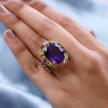 Large Amethyst and Tourmaline 19.4ct Halo Ring Size 9 Gold Vermeil over Sterling - £96.57 GBP