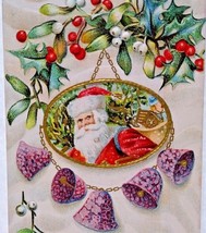 Santa Claus Gold Pennant Purple Bells Holly Christmas Postcard Vintage Embossed - £9.38 GBP
