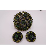 VINTAGE Weiss? BROOCH earrings set black metal RHINESTONE yellow green P... - £52.38 GBP