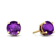 14Kt Yellow Gold Plated Silver Amethyst 6mm Round Cut Solitaire Stud Earrings - $28.04