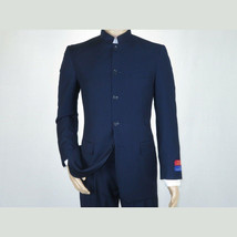 Men Apollo King Banded Collarless suit Mandarin 5 Buttons Wide leg M5-2 Navy image 3