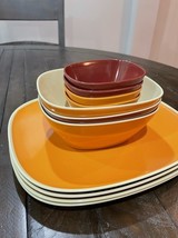 Pier One Imports Orange Red MCM Square Melamine 4 Plates 7 Bowls - $39.59