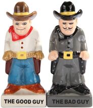 Magnetic Ceramic Salt Pepper Shakers Bad Guy Good Guy Cowboys Wanted Cri... - $16.99