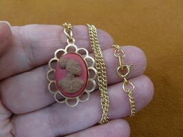 CA30-98 RARE African American LADY pink + brown CAMEO brass Pendant neck... - $18.89