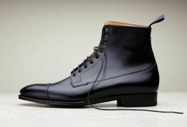 Men&#39;s Black High Ankle Laceup Premium Quality Leather Dress Boots Handmade - £127.49 GBP+