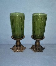 Vintage Candle Holders Pair Forest Green Glass Bronze Footed - $9.99