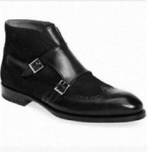 Handmade Men&#39;s Black Suede &amp; Leather Ankle High Boots, Monk Strap Chukka... - $179.99
