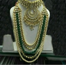 Bollywood Gold Plated Jewelry Indian Kundan Bridal Green Necklace Earrings Tikka - £151.94 GBP