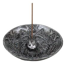 Wicca Celtic Knotwork Triple Moon Pentagram Gray Wolf Round Incense Holder - €13,76 EUR