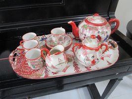 Victoria Czech Pottery Japanese Design Tea Set with Tray 12 PCS, 1900s [80C] - £114.57 GBP