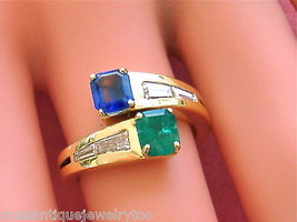 Vintage .80ctw Diamond .70ct Emerald .75ct Sapphire BY-PASS You &amp; Me Ring 1980 - £2,452.43 GBP