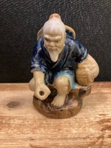 Vintage Chinese Mudman Figurine Squatting on a Rock Fishing Missing Rod ... - $10.58