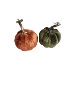 Set of 2 Velvet Pumpkins Decorative Fall Decor Green Orange with Gold St... - $9.50