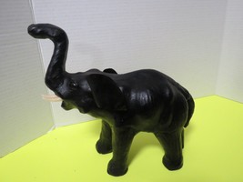 Vtg Leather Wrapped Elephant Black W/Glass Eyes Tusks 10&quot; x 10&quot; Flaw Trunk Up - £15.56 GBP