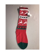 Knitted Christmas Stocking 21” Red Reindeer Green Trees Heart Snowflake ... - $10.07