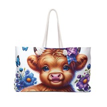 Personalised/Non-Personalised Weekender Bag, Highland Cow, Purple and Blue Flowe - £37.75 GBP