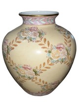 Vintage Chinese Porcelain Floral Gold Rimmed Rose Vase Hand Painted Crea... - £31.73 GBP