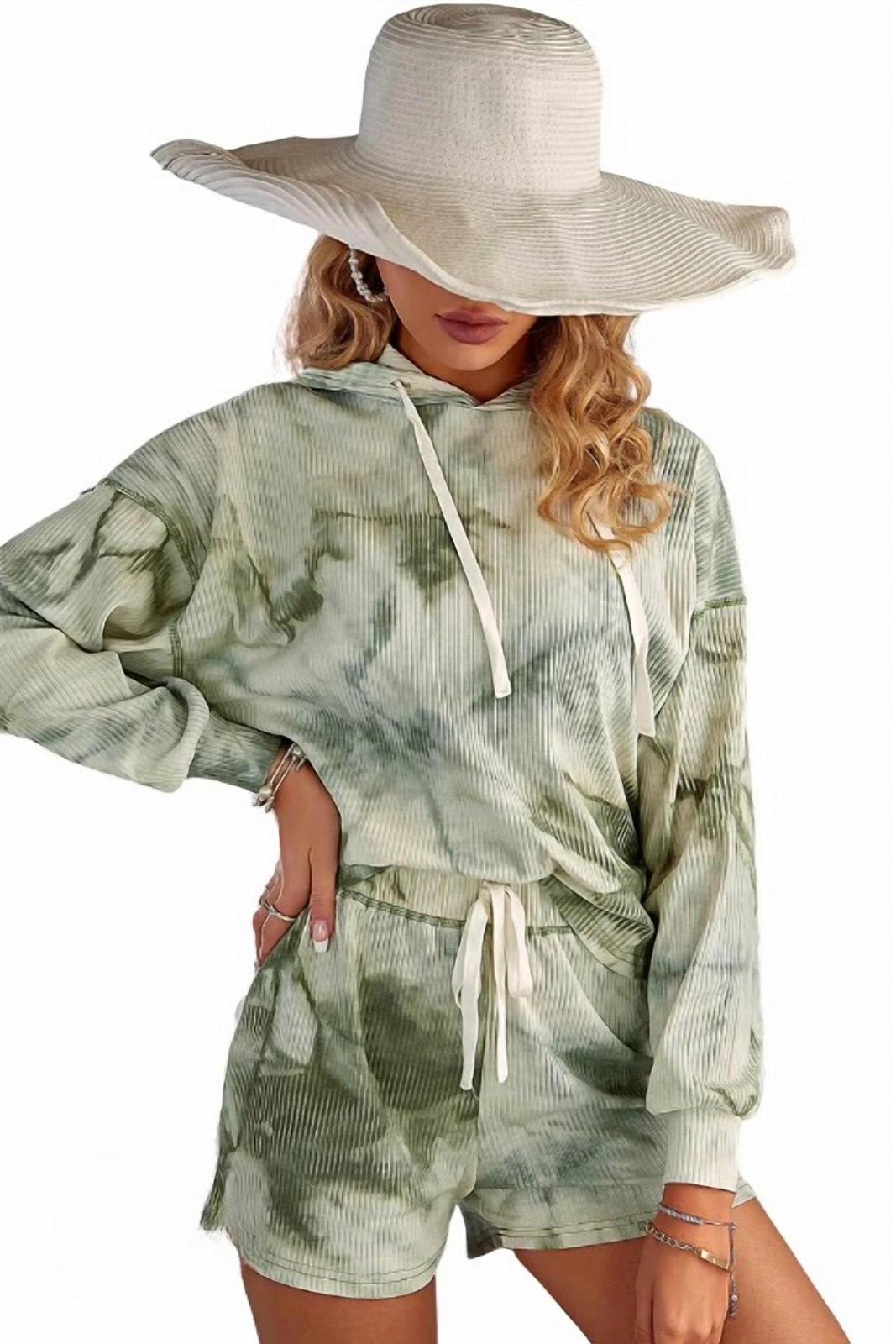 Hidden jessica waffle tie dye hoodie and short set Olive - $30.00