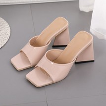 Ummer new women s triangle high heel slippers simple square toe open toe patent leather thumb200