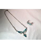Vintage Signed Bogoff Blue Rhinestone Necklace &amp; Earrings Set K1115 - £87.52 GBP