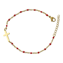 Cross Bracelet Gold 304 Grade Stainless Steel Red Beaded Chain Adjustable to 8&quot; - £9.66 GBP